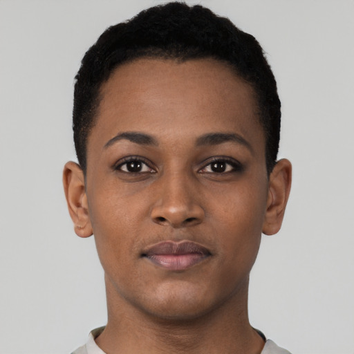 Neutral black young-adult female with short  black hair and brown eyes
