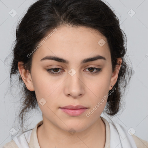 Neutral white young-adult female with medium  brown hair and brown eyes