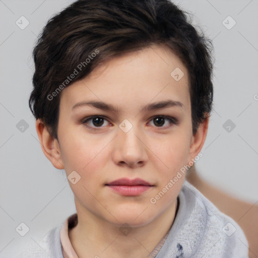 Neutral white young-adult female with short  brown hair and brown eyes