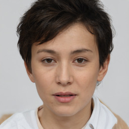 Neutral white young-adult female with short  brown hair and brown eyes