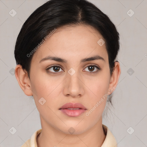 Neutral white young-adult female with medium  brown hair and brown eyes