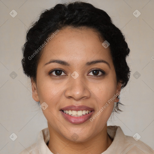 Joyful latino young-adult female with short  brown hair and brown eyes