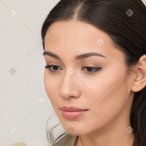 Neutral white young-adult female with long  brown hair and brown eyes