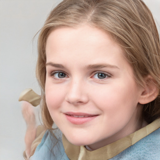 Joyful white child female with medium  brown hair and grey eyes