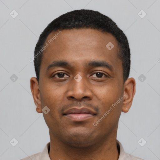 Neutral black young-adult male with short  black hair and brown eyes
