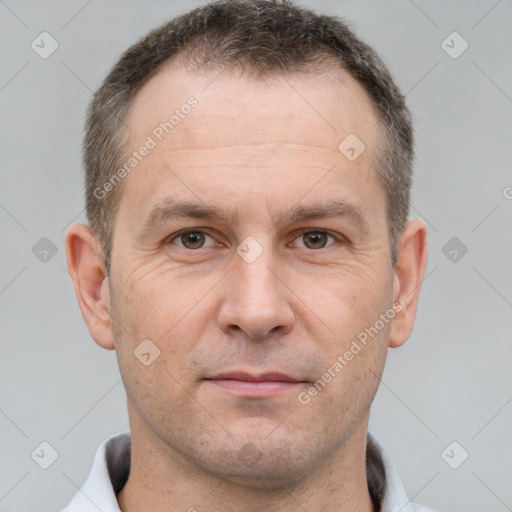 Neutral white adult male with short  brown hair and brown eyes