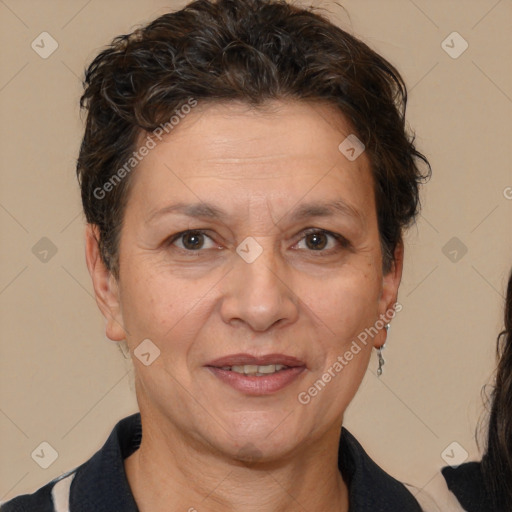 Joyful white adult female with short  brown hair and brown eyes