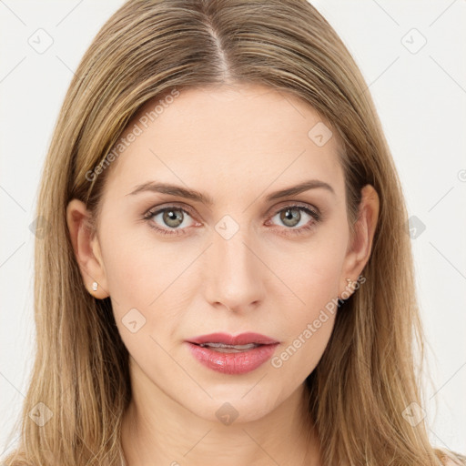 Joyful white young-adult female with long  brown hair and green eyes