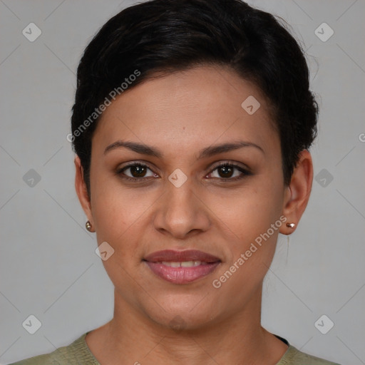 Joyful latino young-adult female with short  brown hair and brown eyes