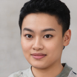 Joyful asian young-adult female with short  black hair and brown eyes