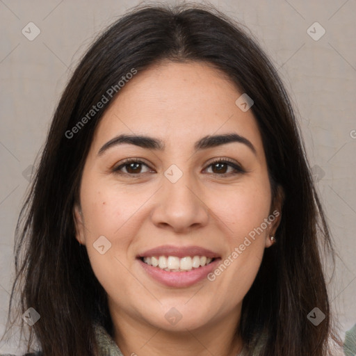 Joyful white young-adult female with long  brown hair and brown eyes