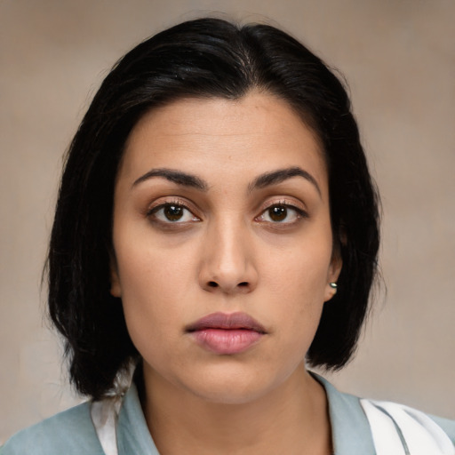 Neutral asian young-adult female with medium  black hair and brown eyes