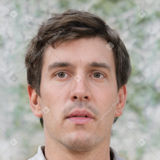 Neutral white young-adult male with short  brown hair and brown eyes