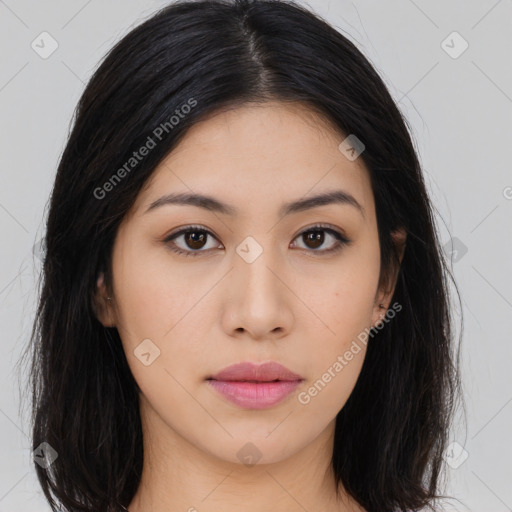 Neutral asian young-adult female with long  black hair and brown eyes