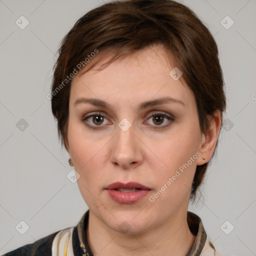 Neutral white young-adult female with medium  brown hair and brown eyes