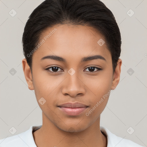 Joyful latino young-adult female with short  brown hair and brown eyes