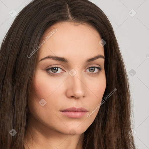 Neutral white young-adult female with long  brown hair and brown eyes