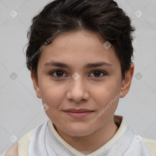 Joyful white child female with short  brown hair and brown eyes