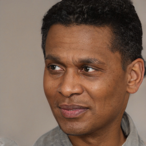 Joyful latino adult male with short  black hair and brown eyes