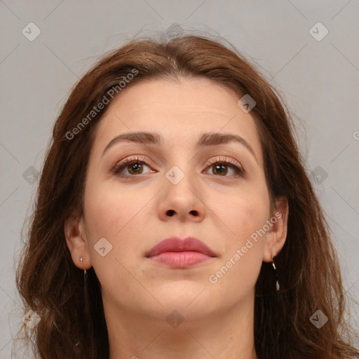 Neutral white young-adult female with long  brown hair and brown eyes