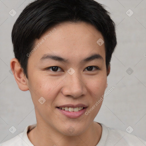 Joyful asian young-adult female with short  brown hair and brown eyes