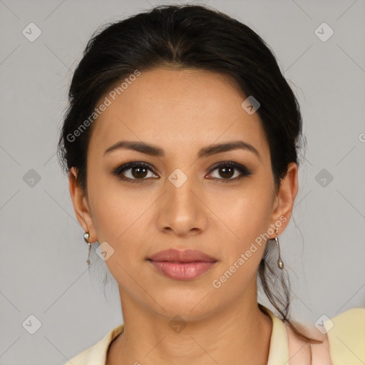 Joyful latino young-adult female with medium  brown hair and brown eyes