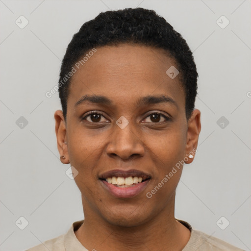 Joyful black young-adult female with short  black hair and brown eyes