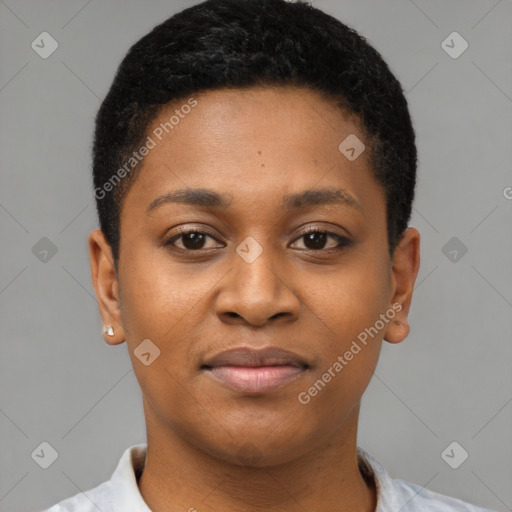 Joyful latino young-adult female with short  black hair and brown eyes