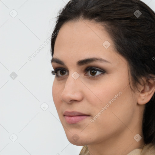 Neutral white young-adult female with medium  brown hair and brown eyes