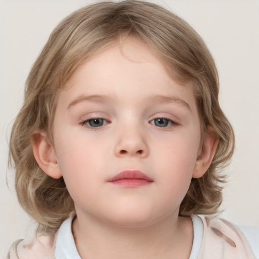 Neutral white child female with medium  brown hair and grey eyes