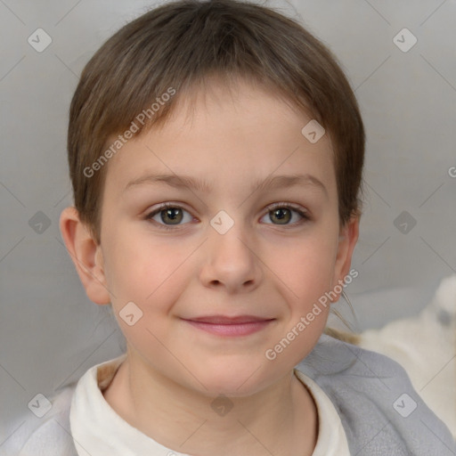 Joyful white child female with short  brown hair and brown eyes