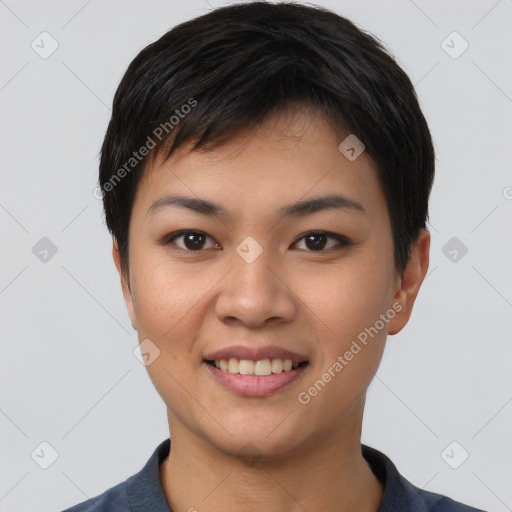 Joyful asian young-adult female with short  black hair and brown eyes