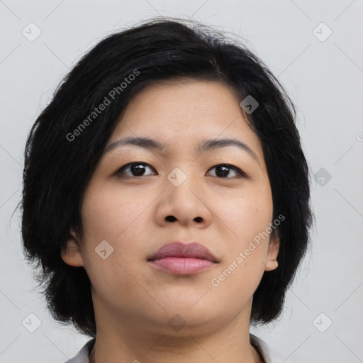 Neutral asian young-adult female with medium  brown hair and brown eyes