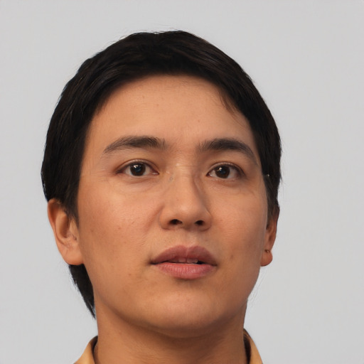 Neutral asian young-adult male with short  black hair and brown eyes