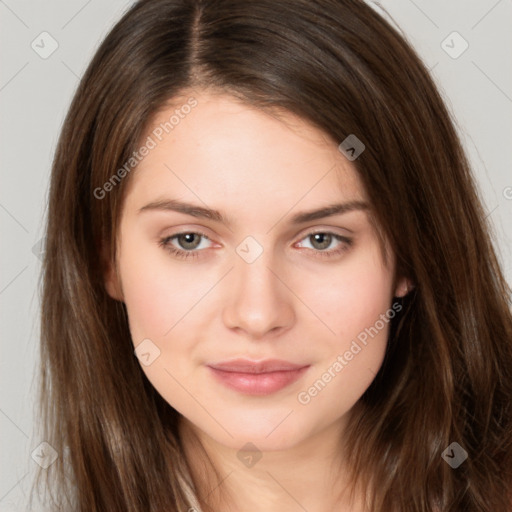 Neutral white young-adult female with long  brown hair and brown eyes