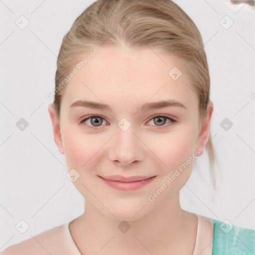 Joyful white child female with medium  brown hair and grey eyes