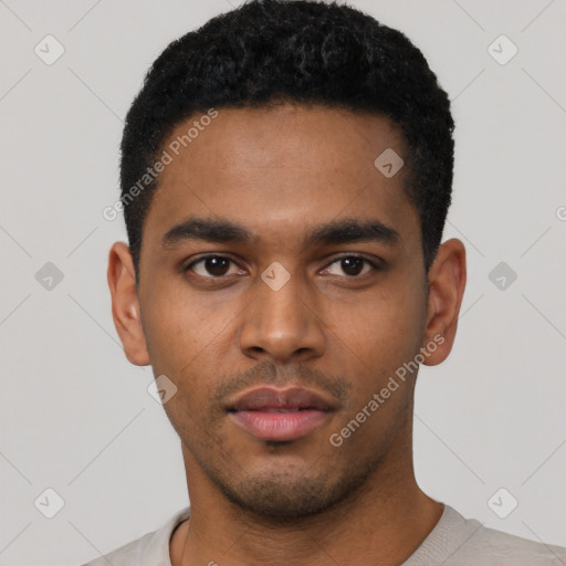 Neutral latino young-adult male with short  black hair and brown eyes