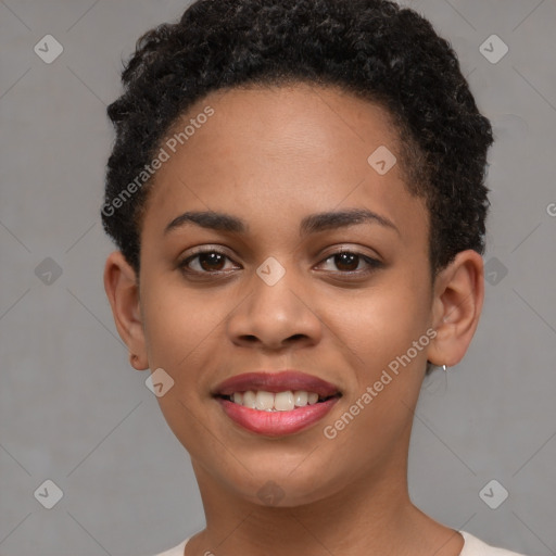 Joyful black young-adult female with short  brown hair and brown eyes