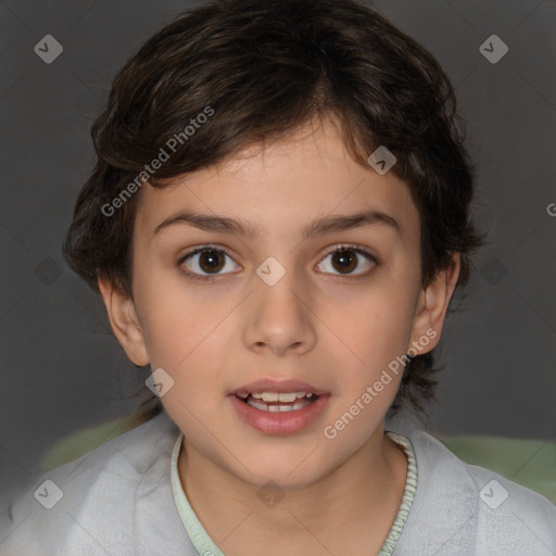 Joyful white child female with medium  brown hair and brown eyes