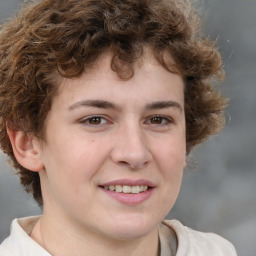 Joyful white young-adult male with medium  brown hair and brown eyes