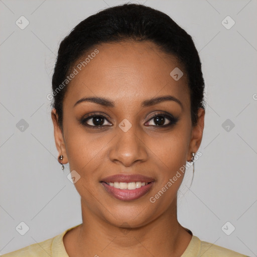 Joyful latino young-adult female with short  black hair and brown eyes