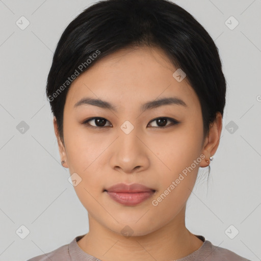 Neutral asian young-adult female with short  black hair and brown eyes