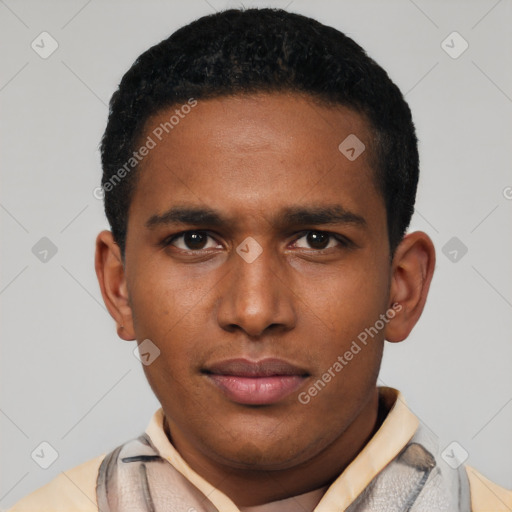 Neutral latino young-adult male with short  brown hair and brown eyes