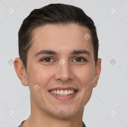 Joyful white young-adult male with short  brown hair and brown eyes