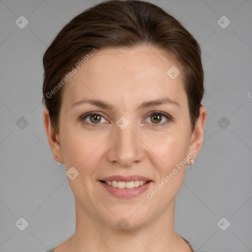 Joyful white young-adult female with short  brown hair and grey eyes