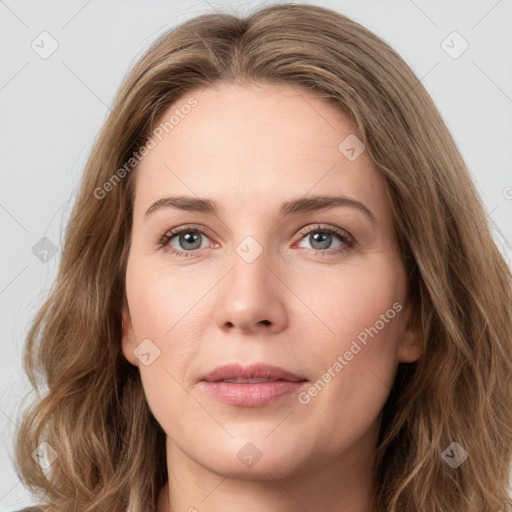 Neutral white young-adult female with long  brown hair and grey eyes