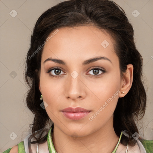 Neutral white young-adult female with medium  brown hair and brown eyes