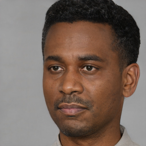 Neutral black young-adult male with short  black hair and brown eyes