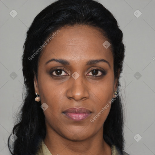 Neutral black young-adult female with medium  black hair and brown eyes