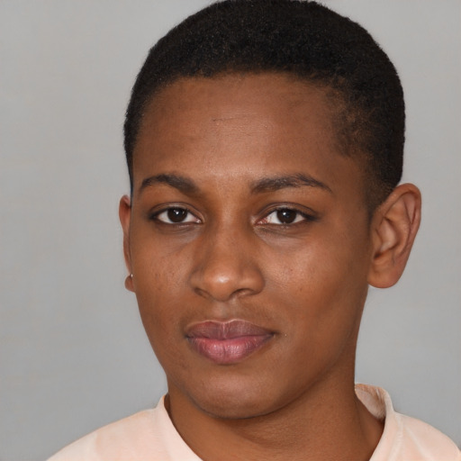 Neutral black young-adult female with short  brown hair and brown eyes